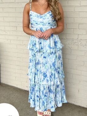 Blue & White Watercolor Tiered Maxi Dress with Spaghetti Straps